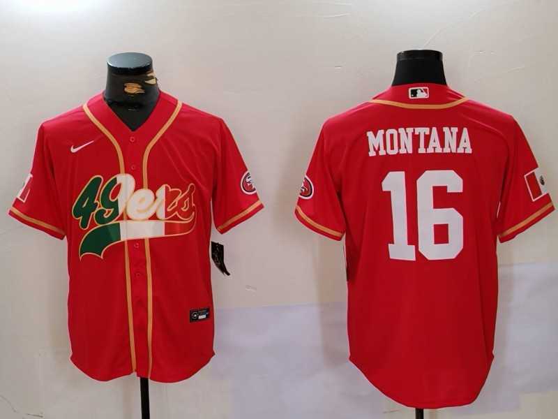 Men%27s San Francisco 49ers #16 Joe Montana Red With Patch Cool Base Stitched Baseball Jersey